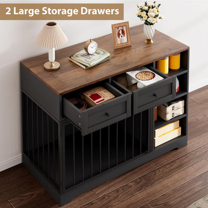 Dog Crate Furniture 47", Large Dog Crate TV Stand with 2 Drawers and 4 Shelves, Wooden Dog Kennel