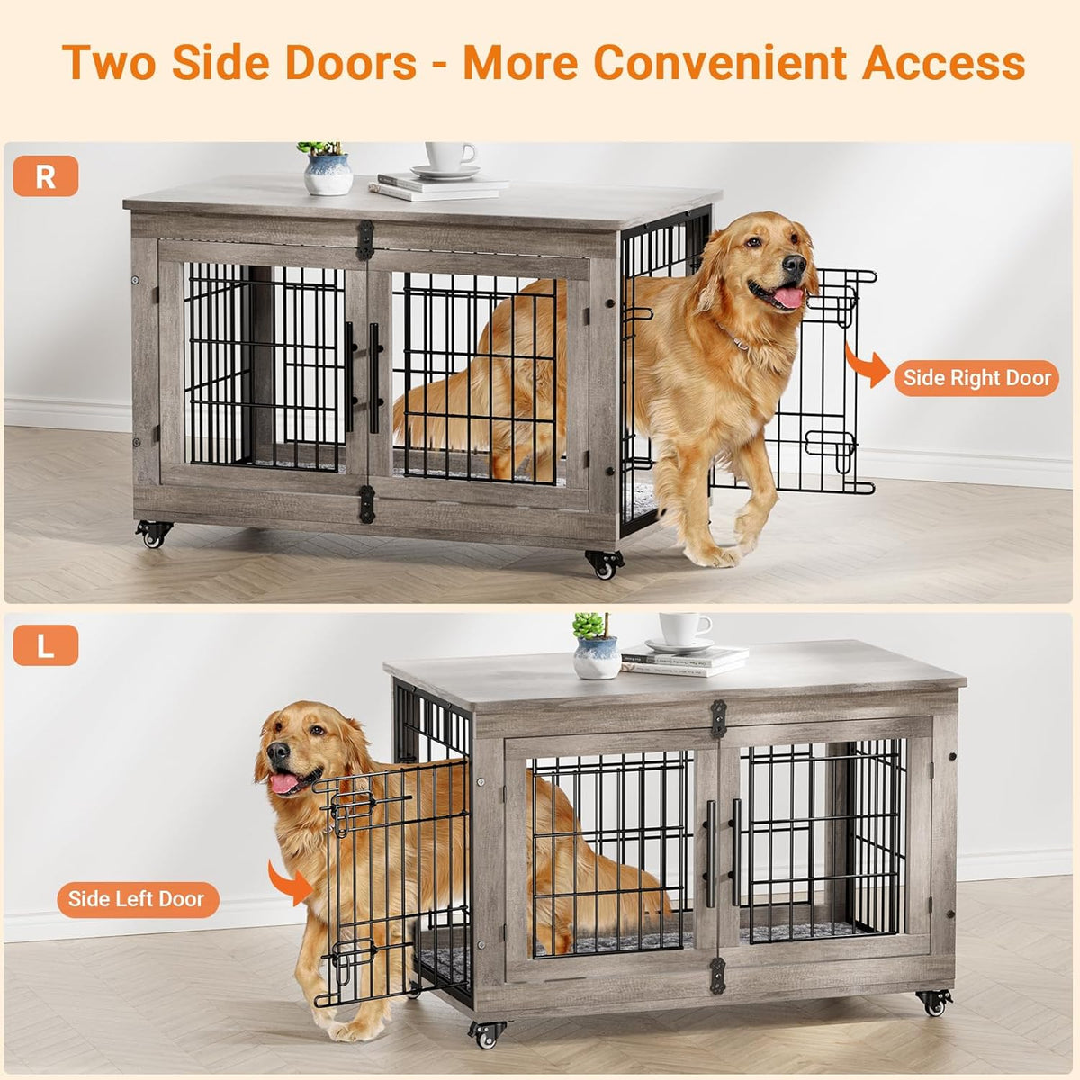 Lulive Large Dog Crate Furniture, 38'' Wooden Dog Crate End Table, Double Door Dog Kennel Indoor