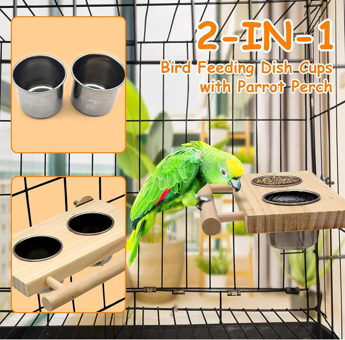 Tfwadmx Bird Feeding Dish Cups with Wooden Platform Hanging Stainless Steel Parrot Cage Feeder Bowl