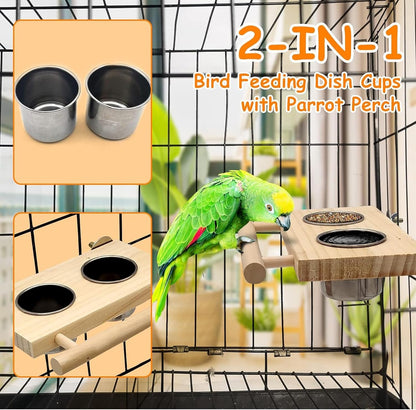 Tfwadmx Bird Feeding Dish Cups with Wooden Platform Hanging Stainless Steel Parrot Cage Feeder Bowl