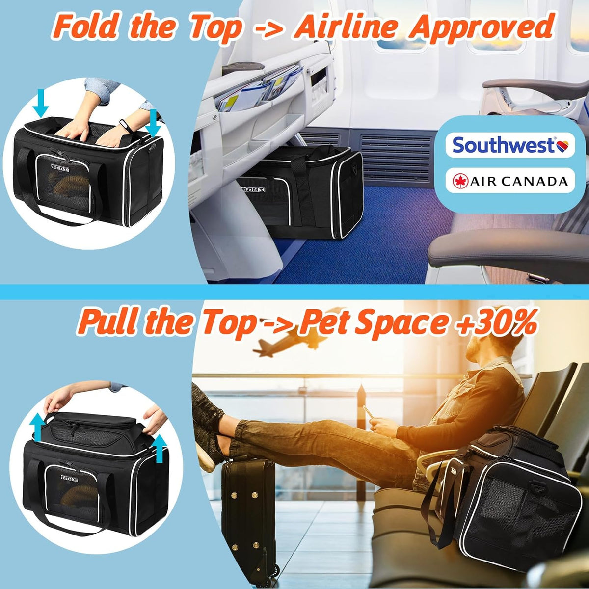 Petskd Top-Expandable Pet Carrier 18x13x9.5 Inches Southwest Airline Approved, Soft-Sided Carrier