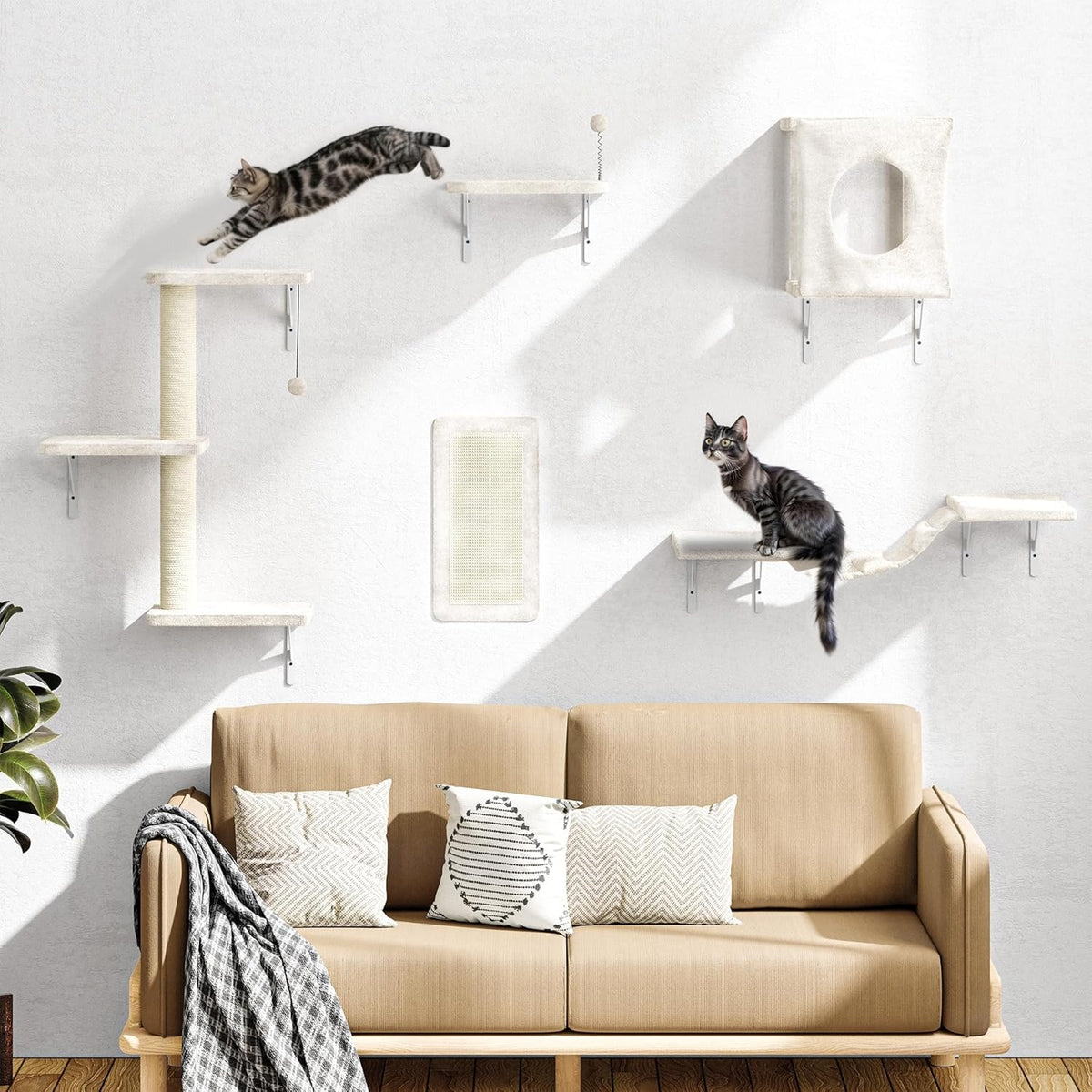 NUNU LAB Wall Mounted Cat Furniture, 5 Pcs Cat Wall Shelves with House, Bridge, Steps, Scratching