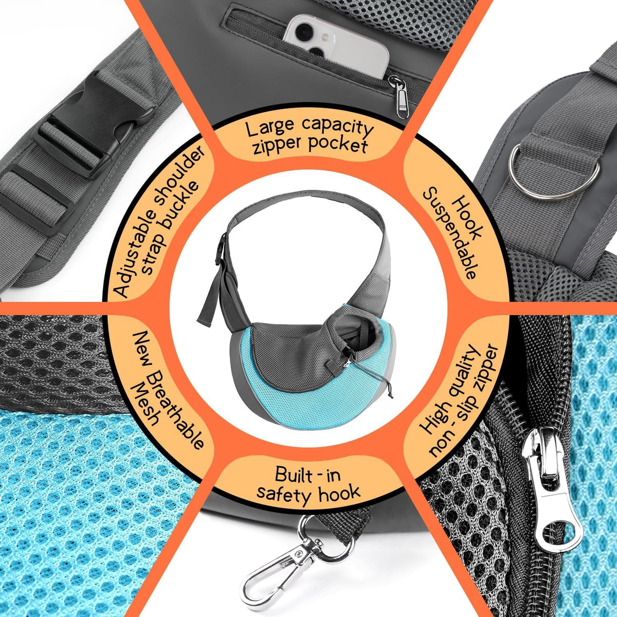 YUDODO Pet Sling Carrier for Small Dogs & Cats – Hands-Free Puppy Carrier with Safety Hook, Large