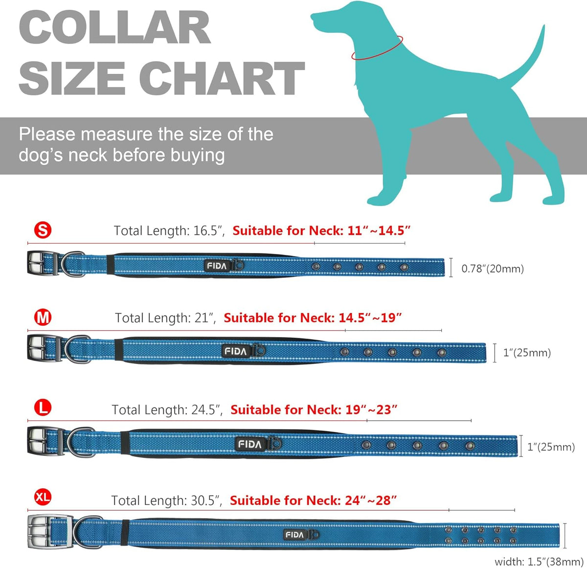 Fida Heavy Duty Dog Collar, Ultra Comfortable Soft Neoprene Padded, Adjustable Reflective Nylon Pet