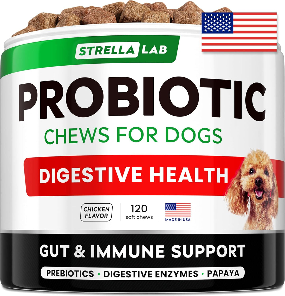 STRELLALAB Pet Probiotics for Dogs & Digestive Enzymes + Digestion & Gut Health Treats, Dog