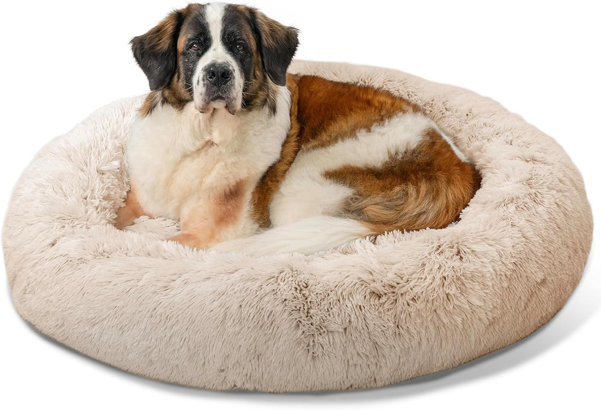 Best Friends by Sheri Original Calming Donut Dog and Cat Bed, Shag Faux Fur, Taupe, XL (45in x
