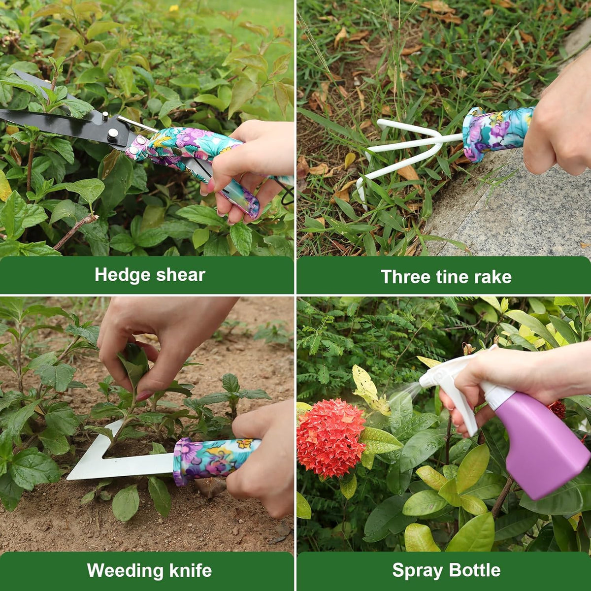 Gardening Tool Set 10-Piece, Heavy Duty Garden Tool Set with Purple Floral Tote Bag and Gift Box