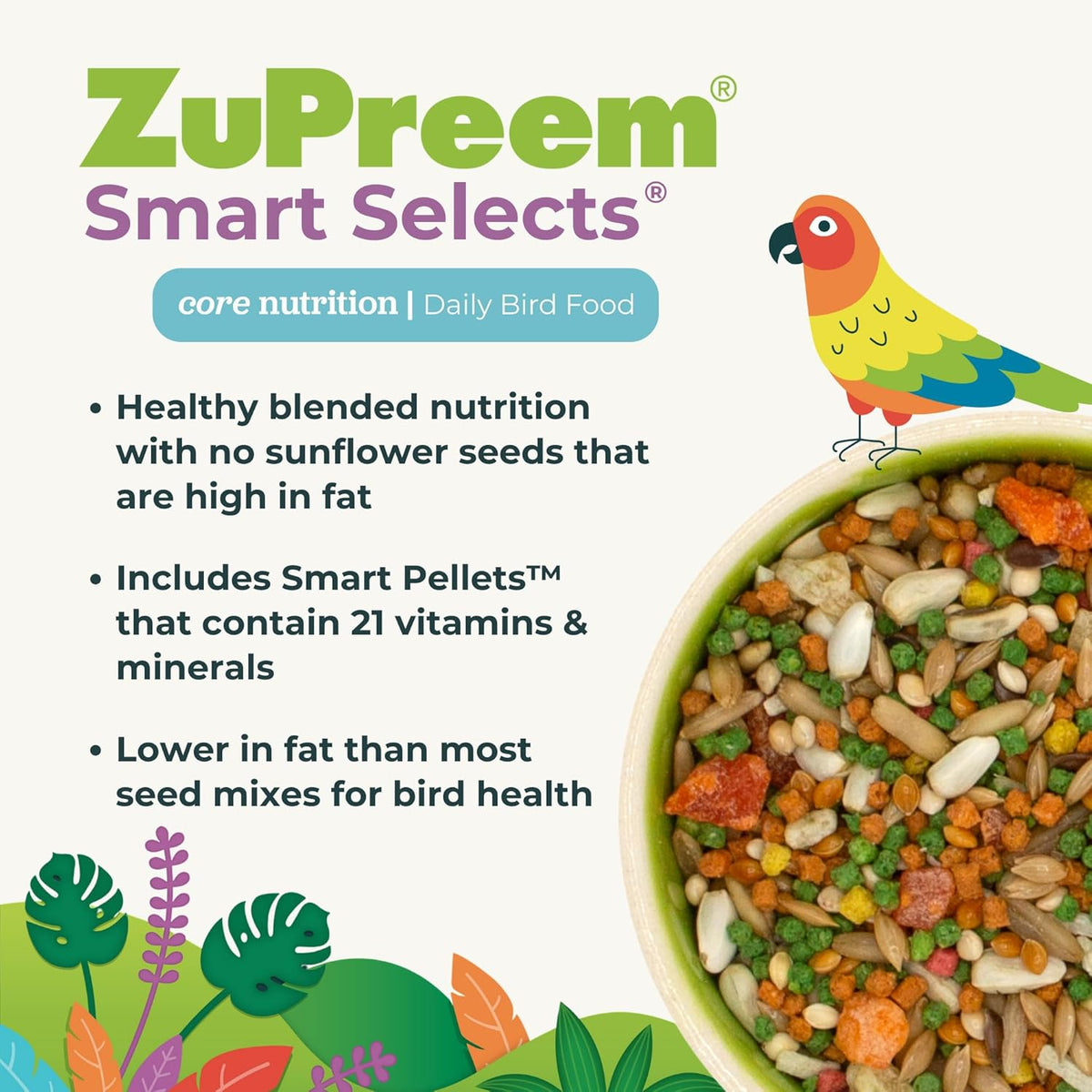 ZuPreem Smart Selects Bird Food, Daily Nutrition for Amazons, Cockatoos, and Macaws, Bird Feed