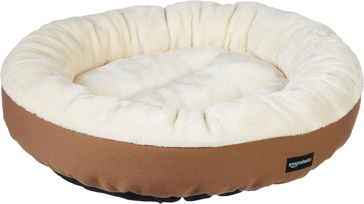 Amazon Basics Round Bolster Pet Bed for Dog or Cat with Flannel Top, 20.0" L x 20.0" W x 8.0" Th
