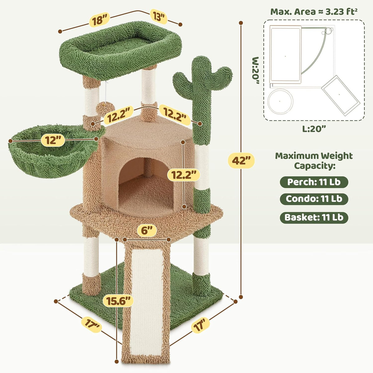 Yaheetech Cactus Cat Tree, 42in Cat Tower for Indoor Cats, Multi Level Kitten Condo Scratching