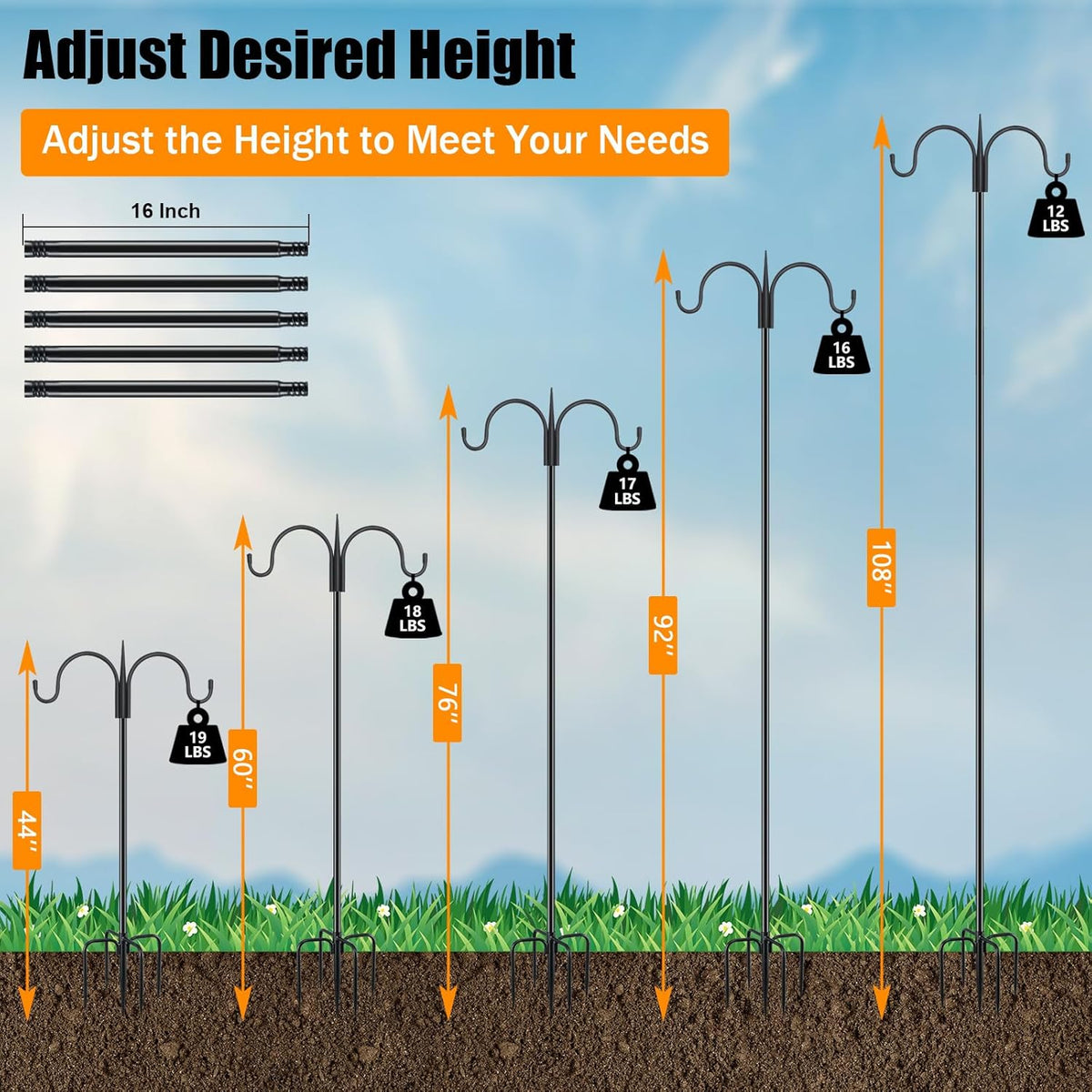 FEED GARDEN Adjustable Double Shepherds Hook for Outdoor with 5 Prong Base 108 Inch Heavy Duty Two