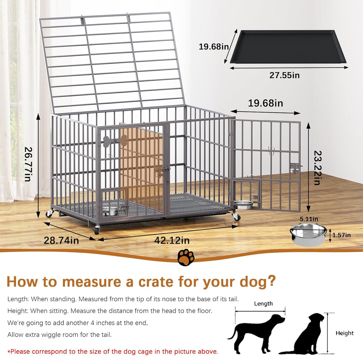 aboxoo 42/48 inch Heavy Duty Metal Dog Crate for 2 Dogs/Large Dog,All Metal Open Top,Dog Kennel
