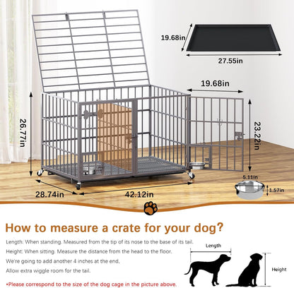 aboxoo 42/48 inch Heavy Duty Metal Dog Crate for 2 Dogs/Large Dog,All Metal Open Top,Dog Kennel