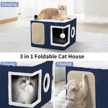 Cat House Bed for Indoor Cats, Large Cat Cave with Cozy Condo, Fluffy Hanging Ball, Scratch Pad