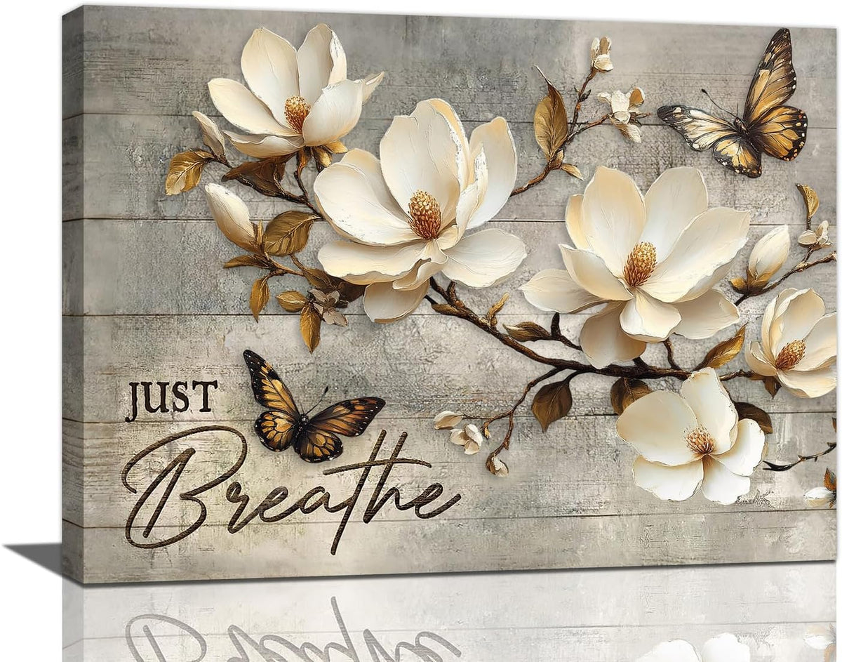 Floral Magnolia Bathroom Pictures Wall Art, Just Breathe Bathroom Wall Decor, Flower Butterfly