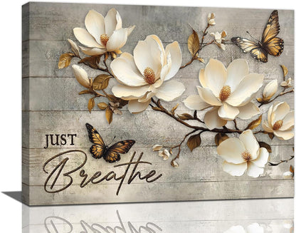 Floral Magnolia Bathroom Pictures Wall Art, Just Breathe Bathroom Wall Decor, Flower Butterfly