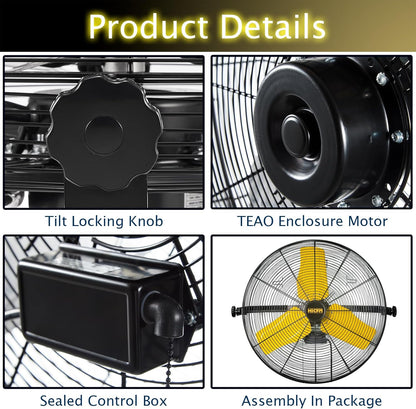 HiCFM 9100 CFM 24 inch Heavy Duty Industrial Wall Mounted Fan with TEAO Enclosure Motor, Permanent