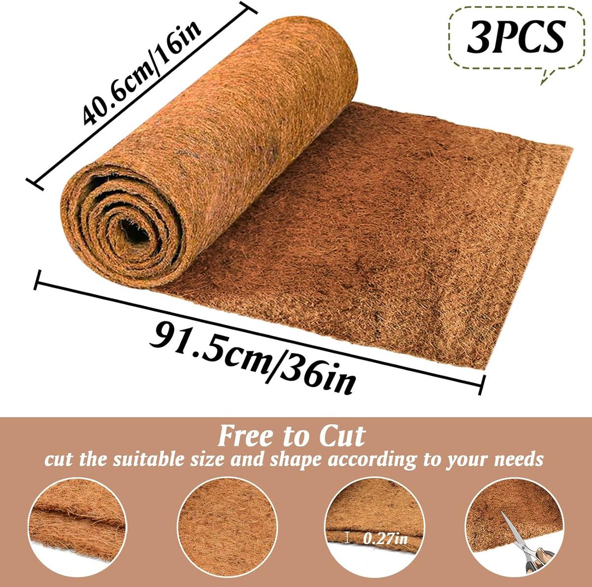 ZeeDix 3 Rolls Coconut Fiber Reptile Substrate Mat, 16 x 36 inches Natural Coco Mat Reptile Carpet
