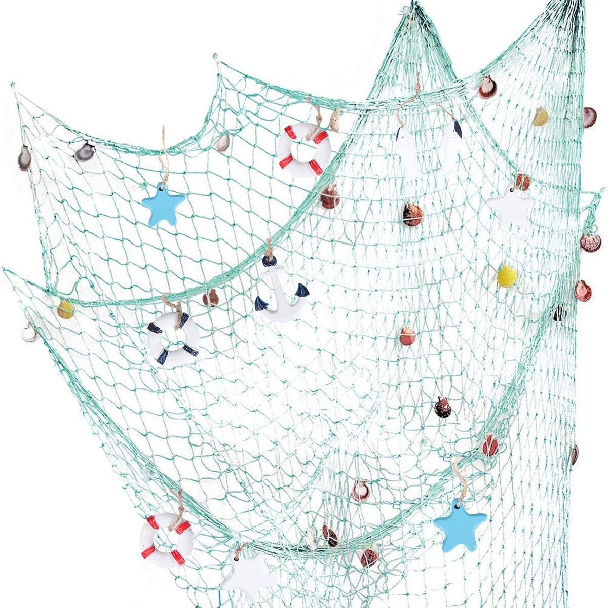 Nature Fish Net Wall Decoration with Shells, Ocean Themed Wall Hangings Fishing Net Party Decor for