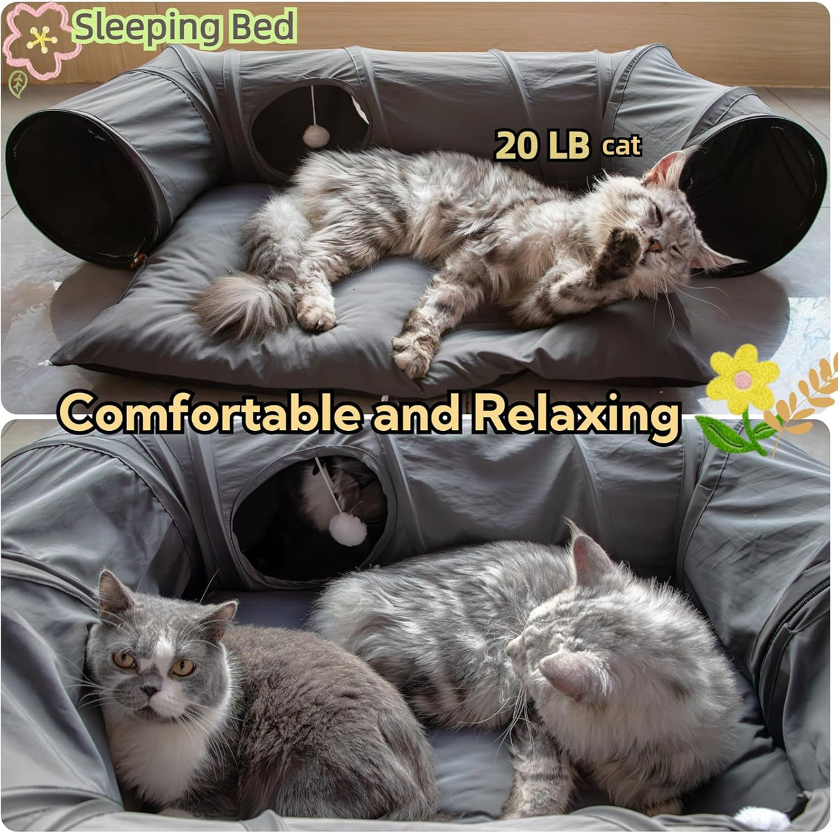XxingSheep 4 Ways Shuttled XL Cat Tunnel Bed for Indoor Cats Peekaboo Cat Cave Donut with Cool Mat