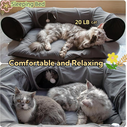 XxingSheep 4 Ways Shuttled XL Cat Tunnel Bed for Indoor Cats Peekaboo Cat Cave Donut with Cool Mat