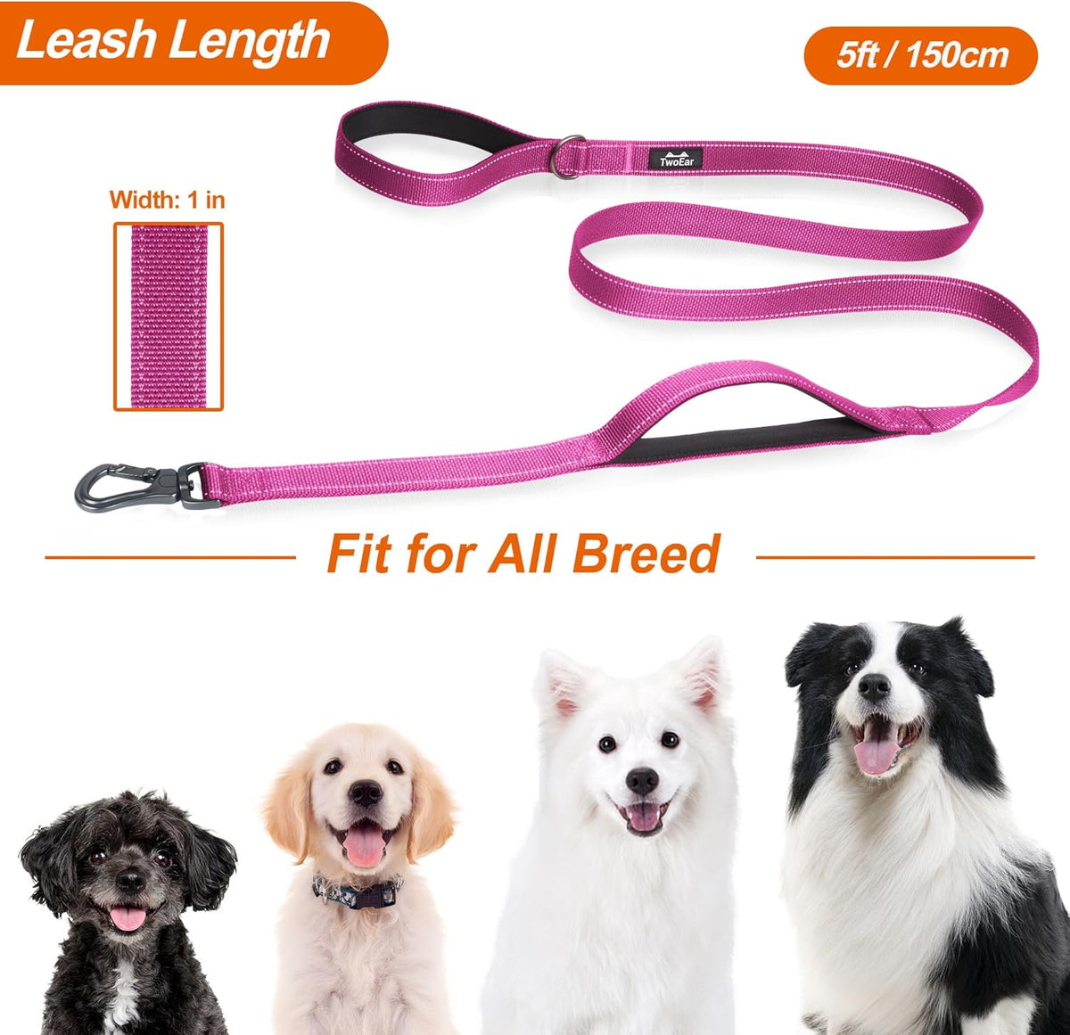 TwoEar 5FT 1IN Strong Rose Dog Leash with 2 Padded Handles, Traffic Handle Extra Control