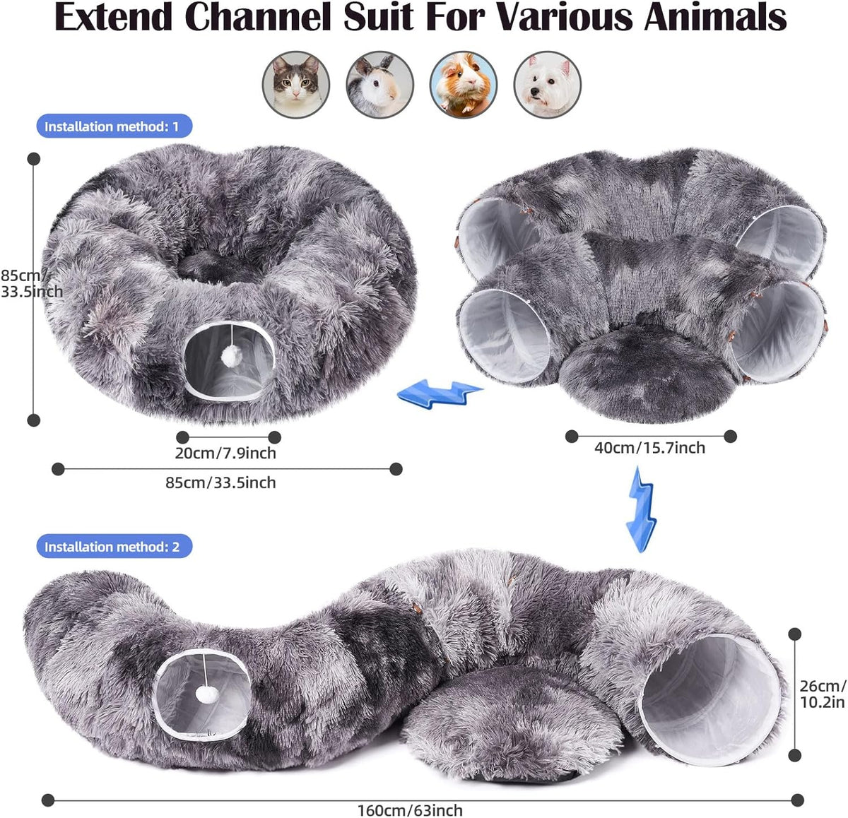 Odoland Cat Tunnels for Indoor Cats with Fluffy Plush Central Cat Couch and 20 Cat Toys, Tunnel Bed