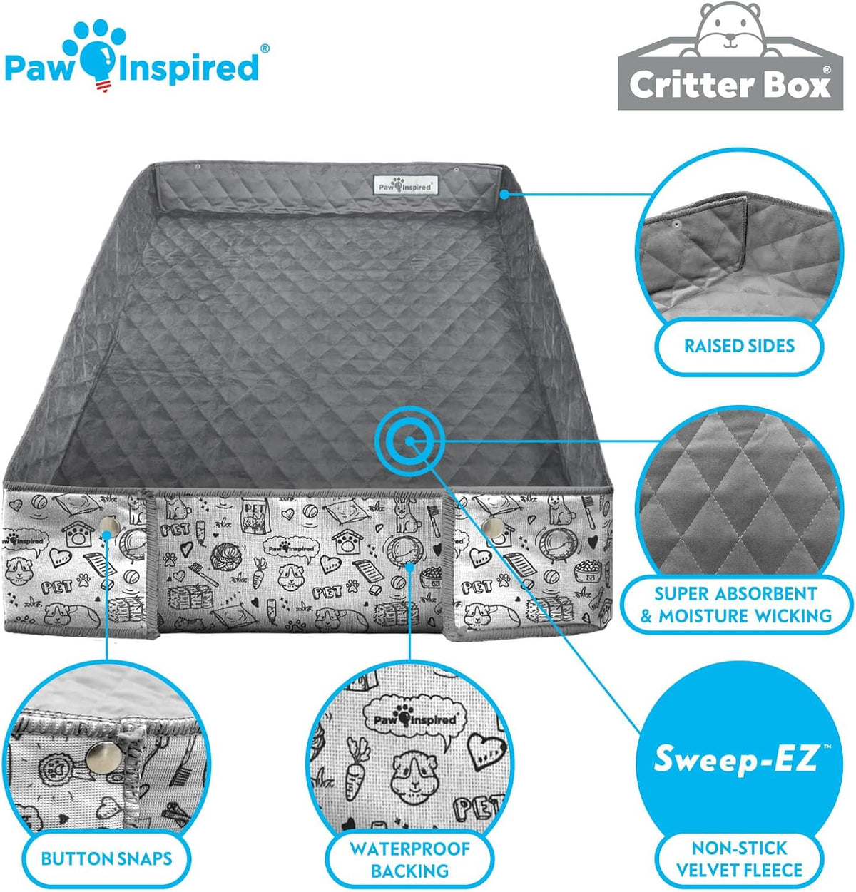 Paw Inspired Critter Box | Washable Guinea Pig Cage Liners with Raised Sides | Fleece Bedding for