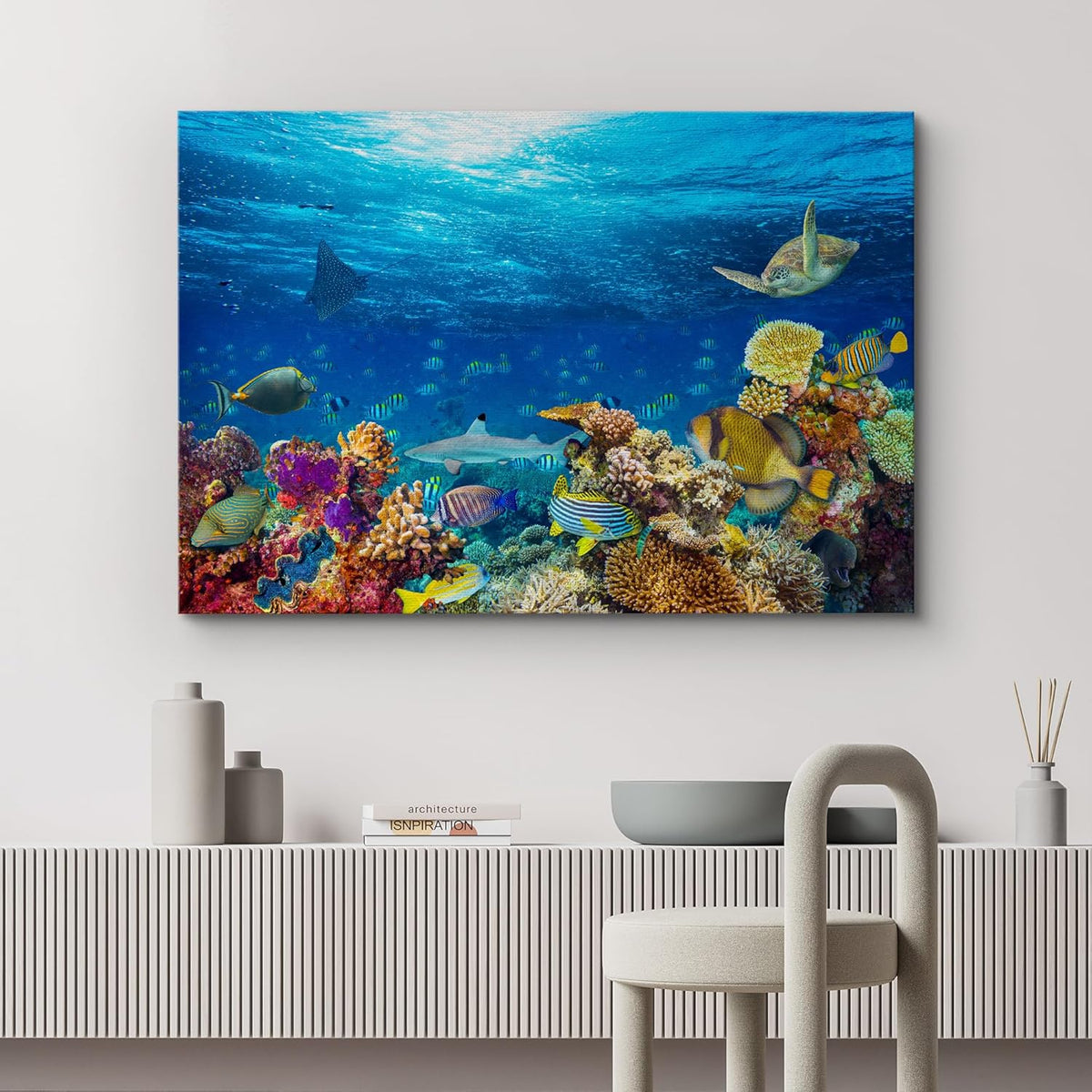 wall26 Canvas Print Wall Art Vibrant Sunshine Ray Coral Reef Turtle Fish Nature Animals Photography