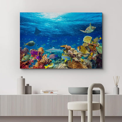 wall26 Canvas Print Wall Art Vibrant Sunshine Ray Coral Reef Turtle Fish Nature Animals Photography
