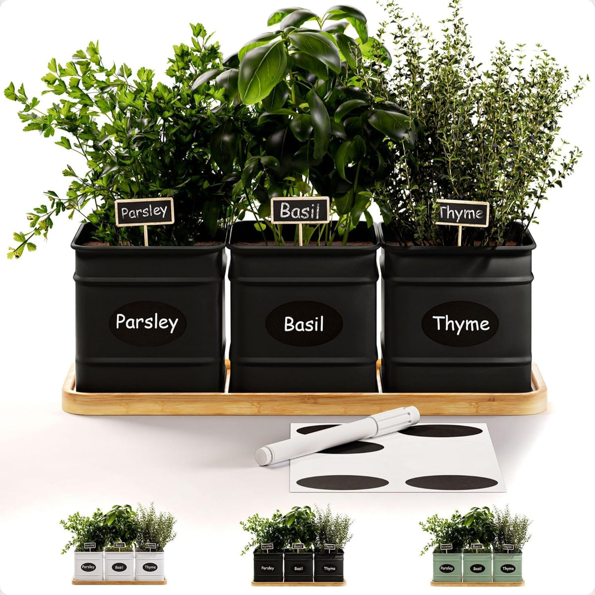 Herb Planter Indoor - 3 Iron Herb Pots with Drainage Holes, Varnished Bamboo Tray, Customizable