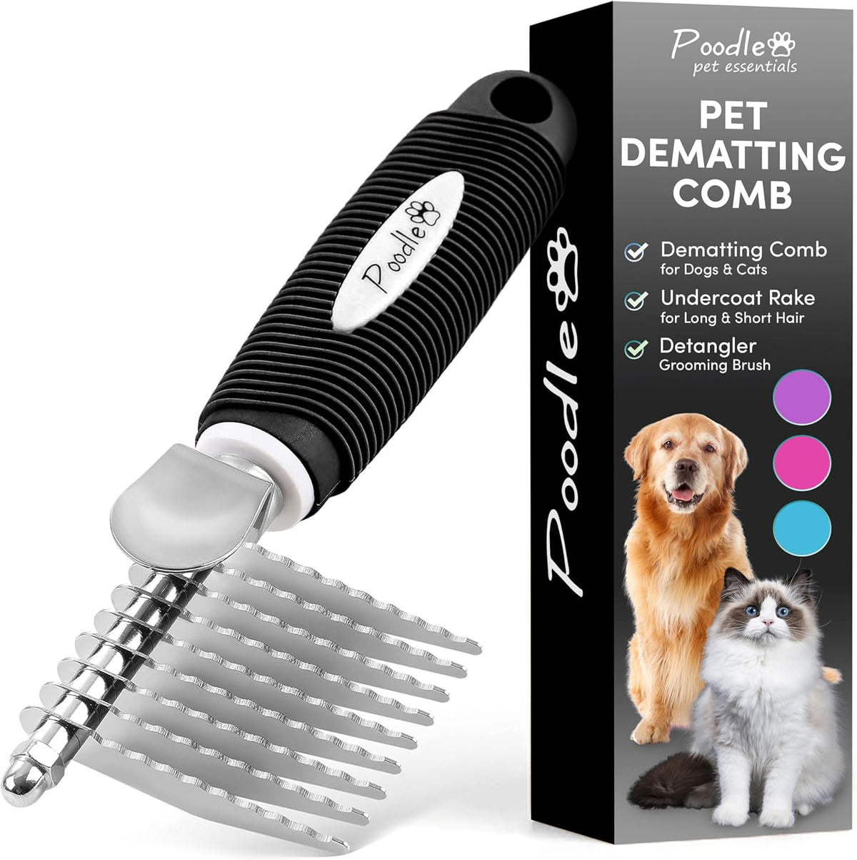 Poodle Dematting Fur Rake Comb Brush for Dogs and Cats - Long 2.5" Steel Safety Blades Metal Comb