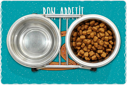 Lunarable Bon Appetit Pet Mat for Food and Water, Pretzel Design Bon Appetit Lettering Hand Drawn