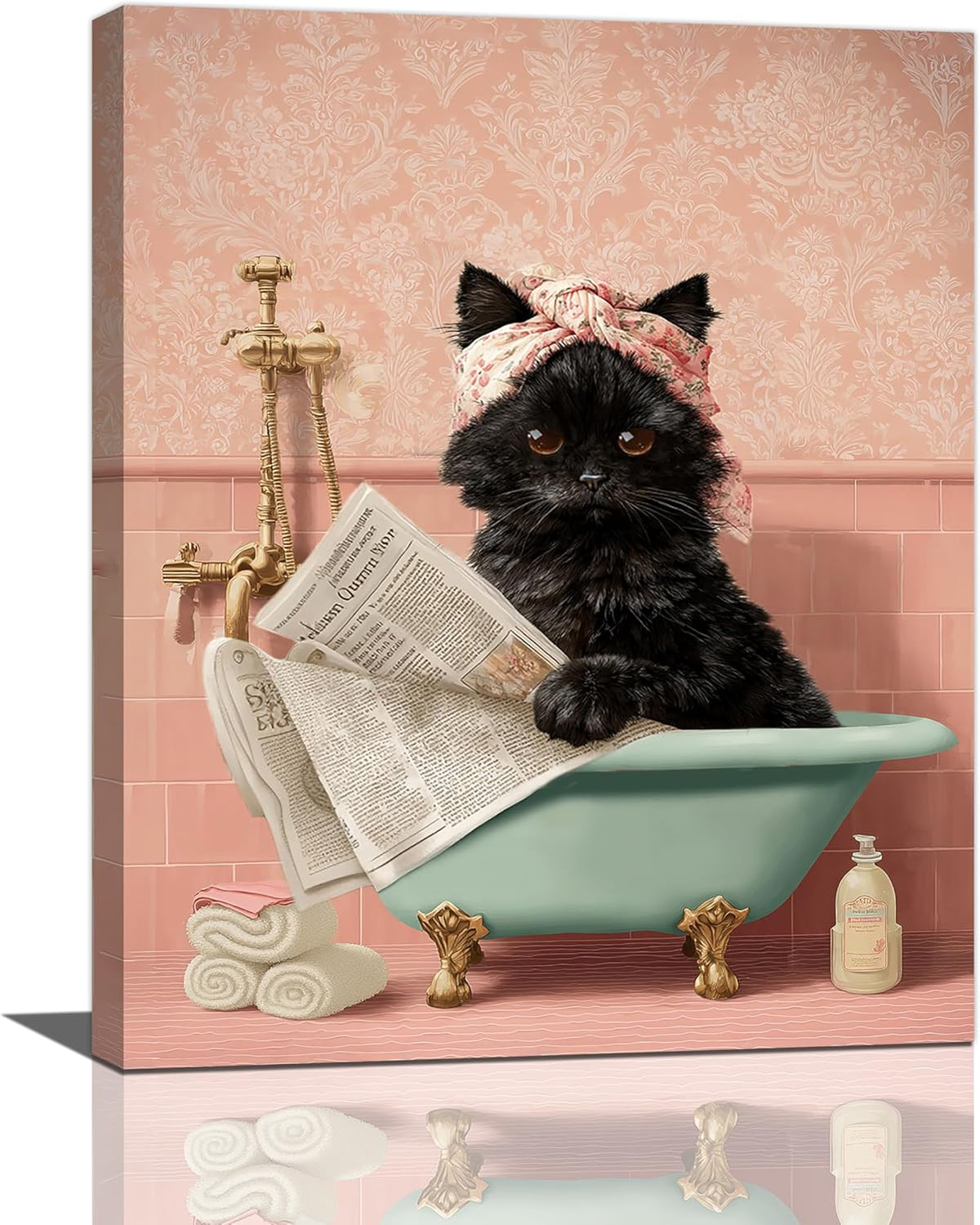 Cat Bathroom Wall Decor Black Cat Reading Newspaper in Bathtub Canvas Wall Art Funny Bathroom
