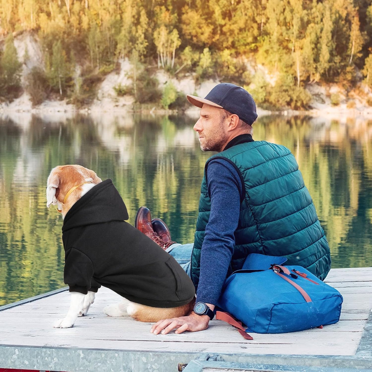 Dog Hoodie Sweater - Soft Solid Brushed Fleece Dog Clothes with Pocket (Black-Large)