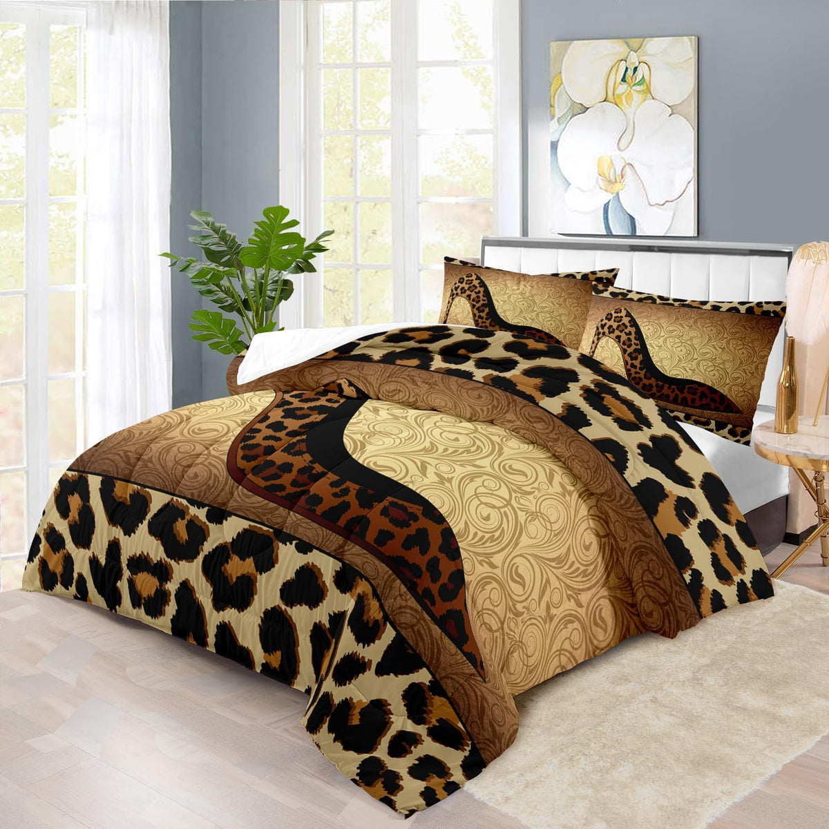 Leopard Comforter Set King Girls,Sexy High Heel Comforter for Women,Leopard Print Bedding Set King
