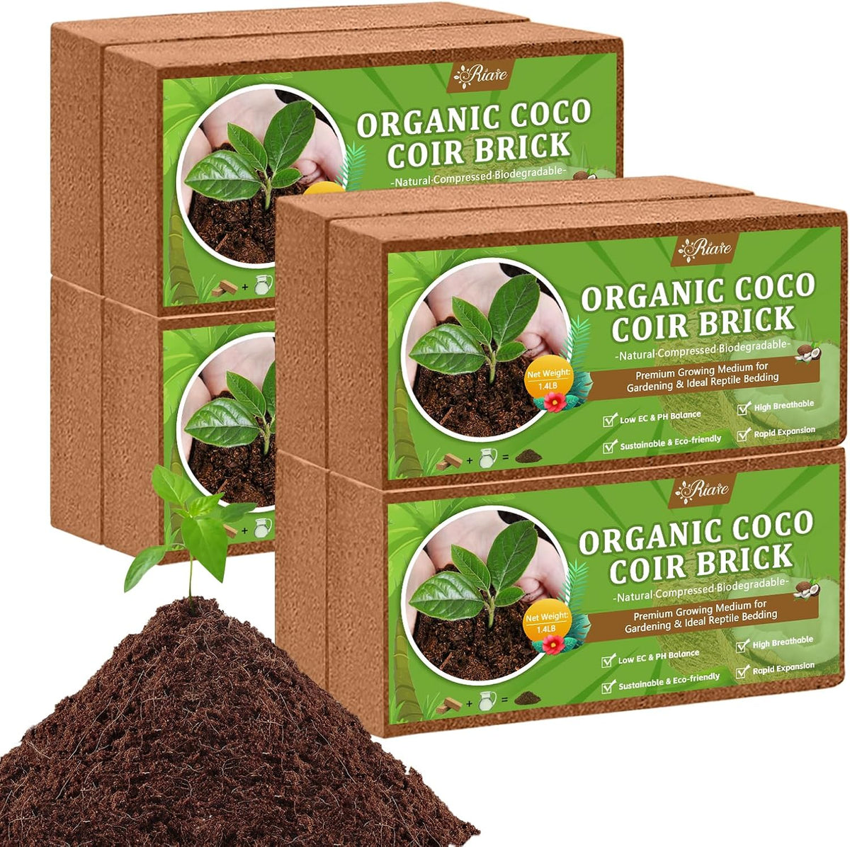 Riare 8pcs Organic Coco Coir Bricks Soil Blocks- 100% Natural Compressed Coco Peat Brick Coconut