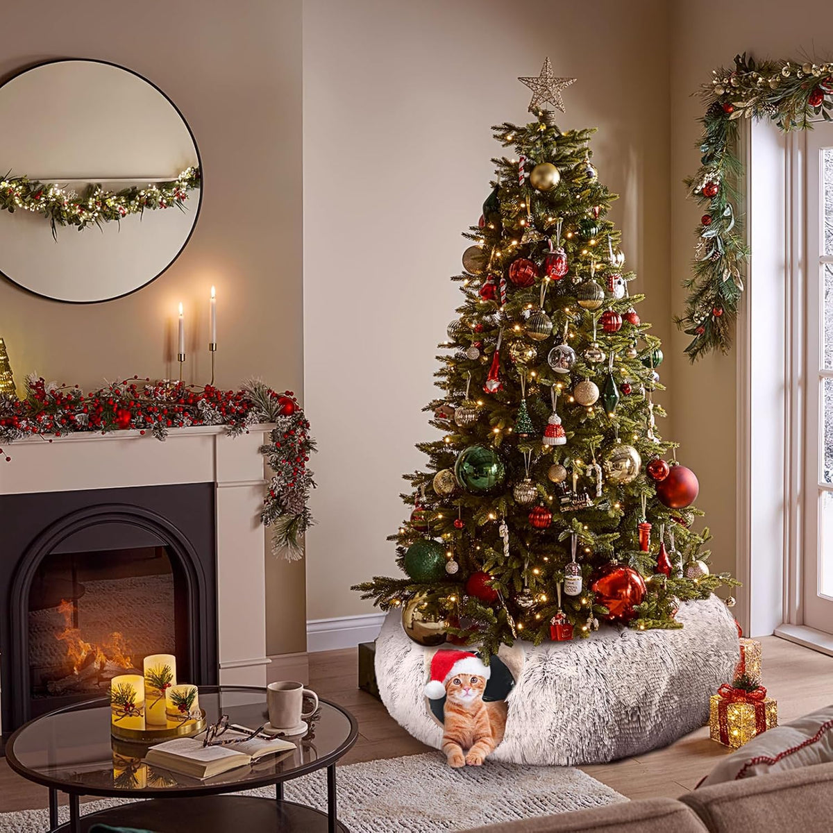 Cat Tunnel with Cat Bed for Indoor Cats, Under Christmas Tree Soft Plush Peekaboo Cat Cave Donut