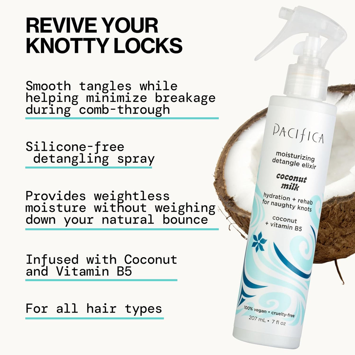 Pacifica Coconut Milk Hair Detangler Spray - Leave In Conditioner Spray, Detangling Elixir Suitable