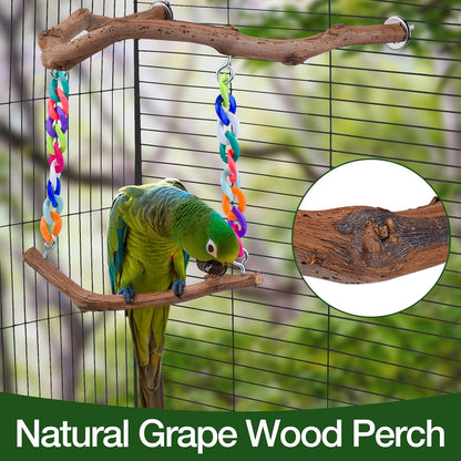 Bird Swing Toys, Standing Bird Perch with Natural Grape Wood, U Shape Hangable Birdcage