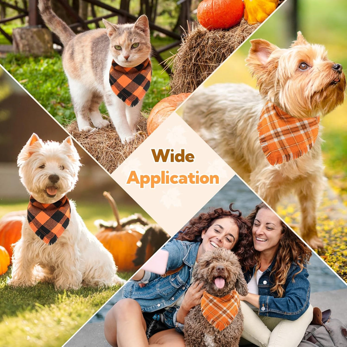 Kytely Fall Dog Bandana 2 Pack, Halloween Thanksgiving Dog Bandanas, Orange Plaid Pet Scarf for Boy