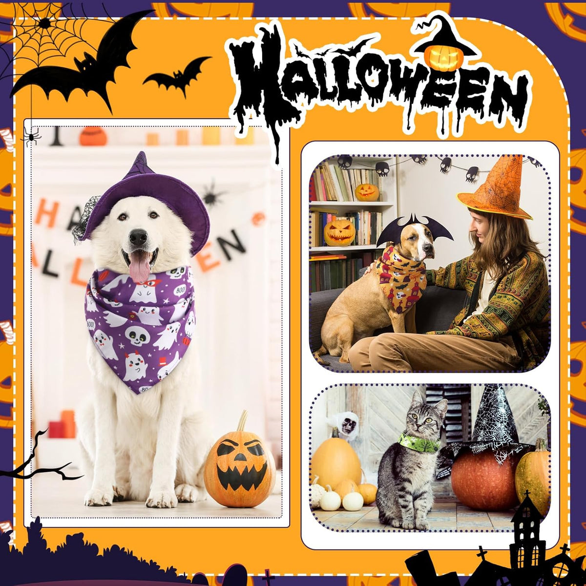 Abbylike 50 Pcs Halloween Dog Bandanas Bulk Pet Scarfs Triangle Bibs Adjustable Washable Puppy
