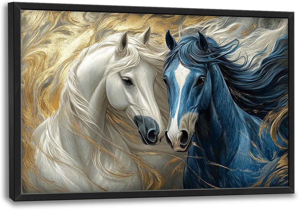 Framed Large Horse Wall Art for Living Room, Oversized Abstract Horses Wall Decor Blue and Golden