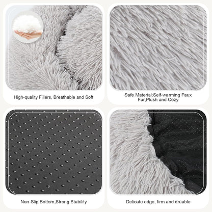Dog Bed, Cat Calming Bed, Faux Fur Pillow Pet Donut Cuddler Round Plush Bed for Large Medium Small
