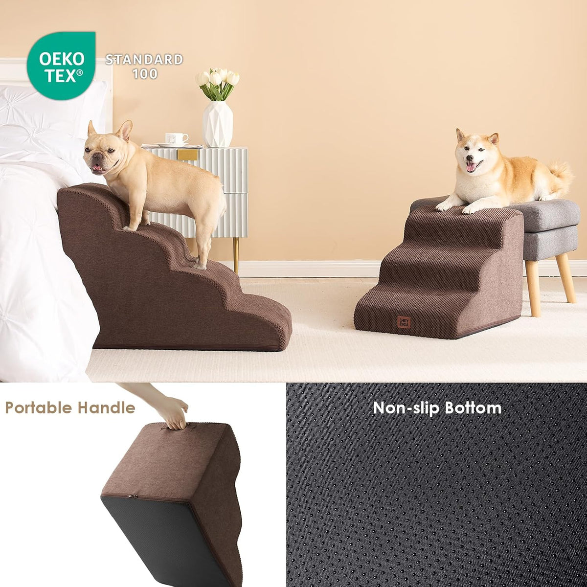 EHEYCIGA Curved Dog Stairs Ramp for Small Dogs 15.7" H, 3-Step Dog Steps for Couch Sofa and Chair