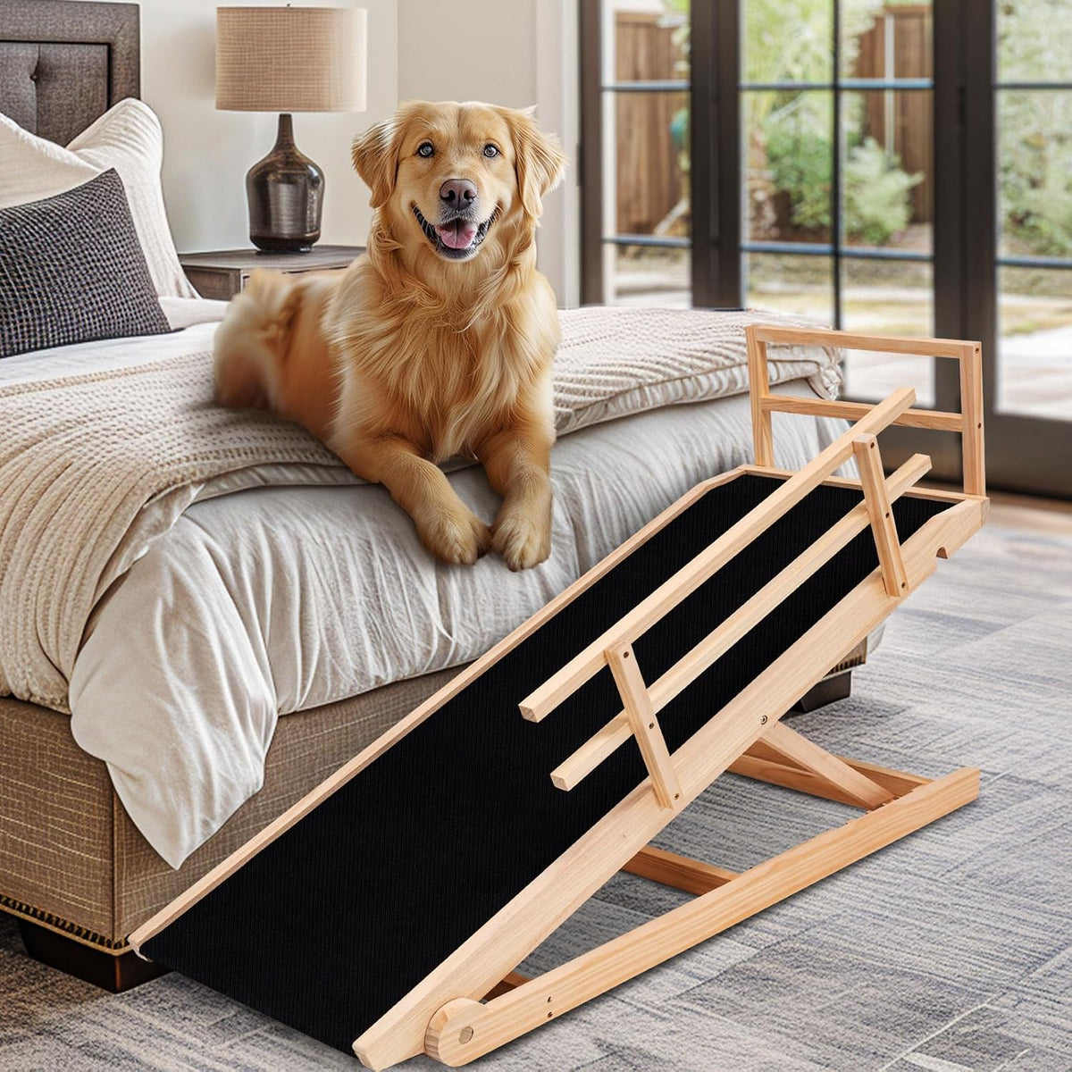 Dog Ramp, 5 Level Adjustable Height Folding Pet Ramp for High Bed, Portable Paw Ramps Large Bed