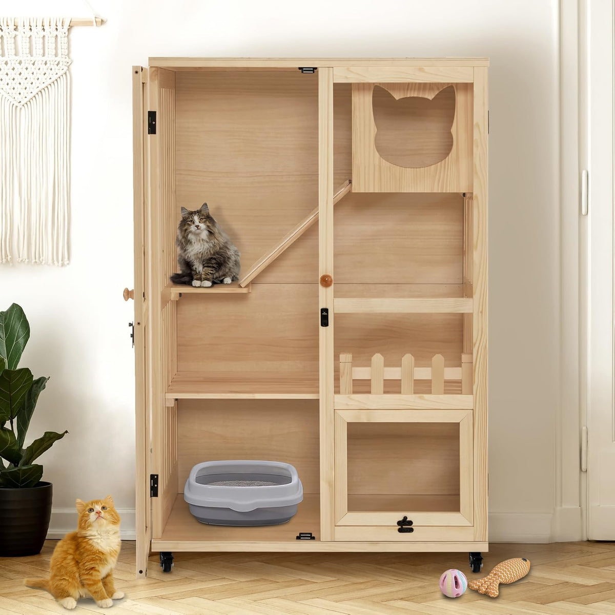 MCombo Wooden Cat Houses for Indoor Cats, Luxury Kitten House with Scratching Pad, Lockable Doors
