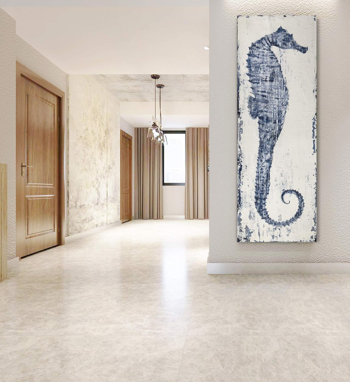 Yihui Arts Seahorse Wall Art Hand Painted Costal Paintings Blue Pictures Canvas Artwork for Living