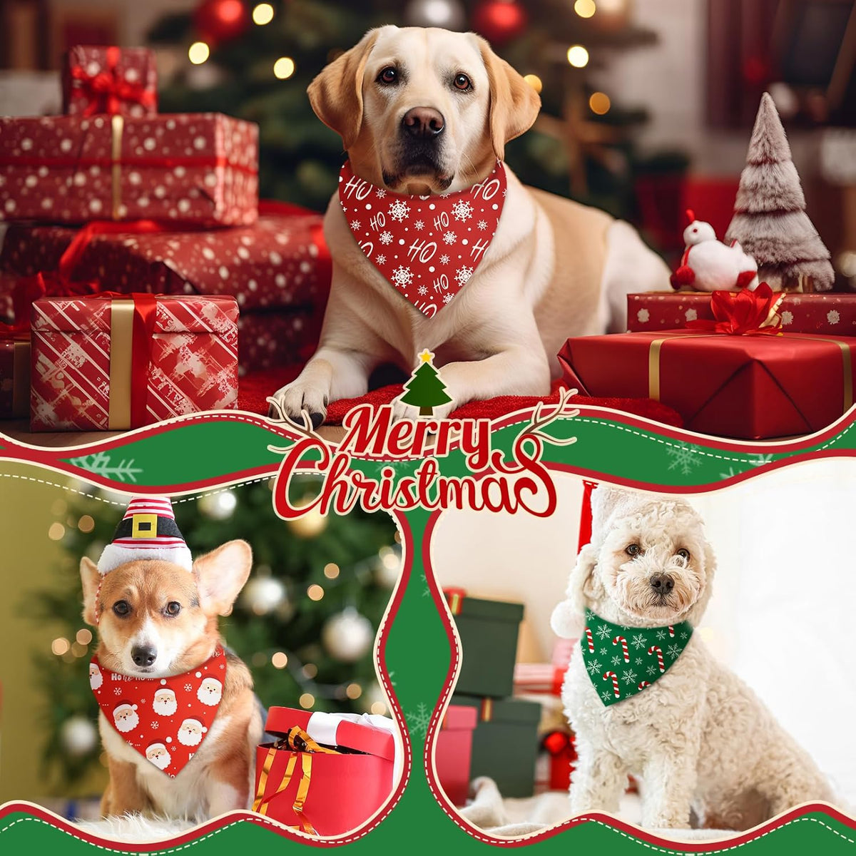 Weewooday 50 Pcs Christmas Bandanas for Dogs Xmas Bandanas Bulk with Santa Snowflake Candy Cane