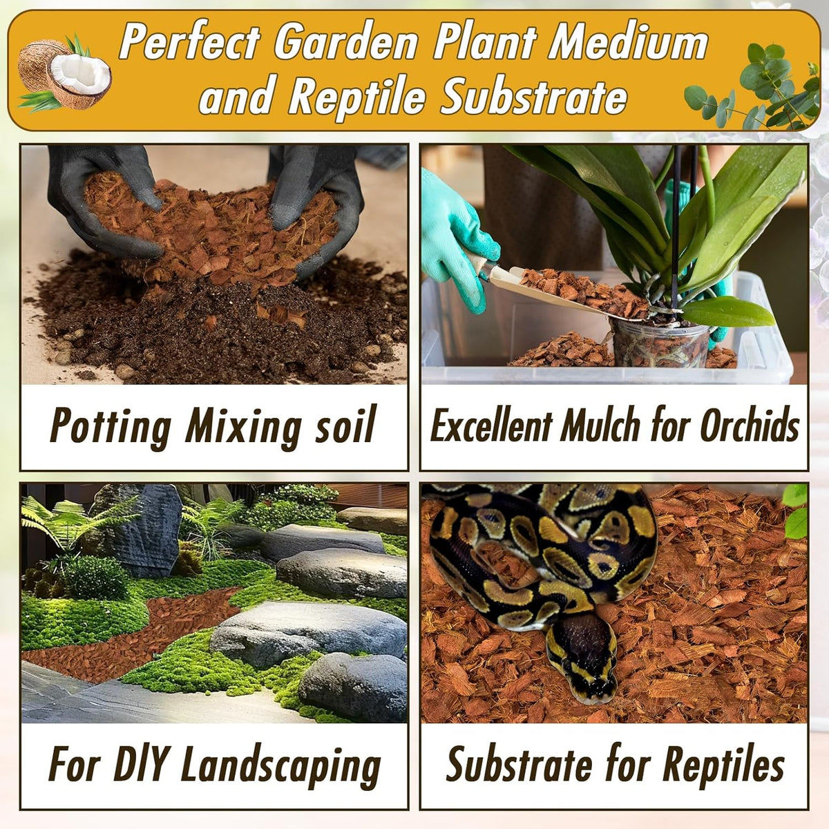 Zeedix 8 Pack Coco Husk Chips for Plants(8.8LB), 100% Organic Coconut Chips Mulch with Low EC & PH